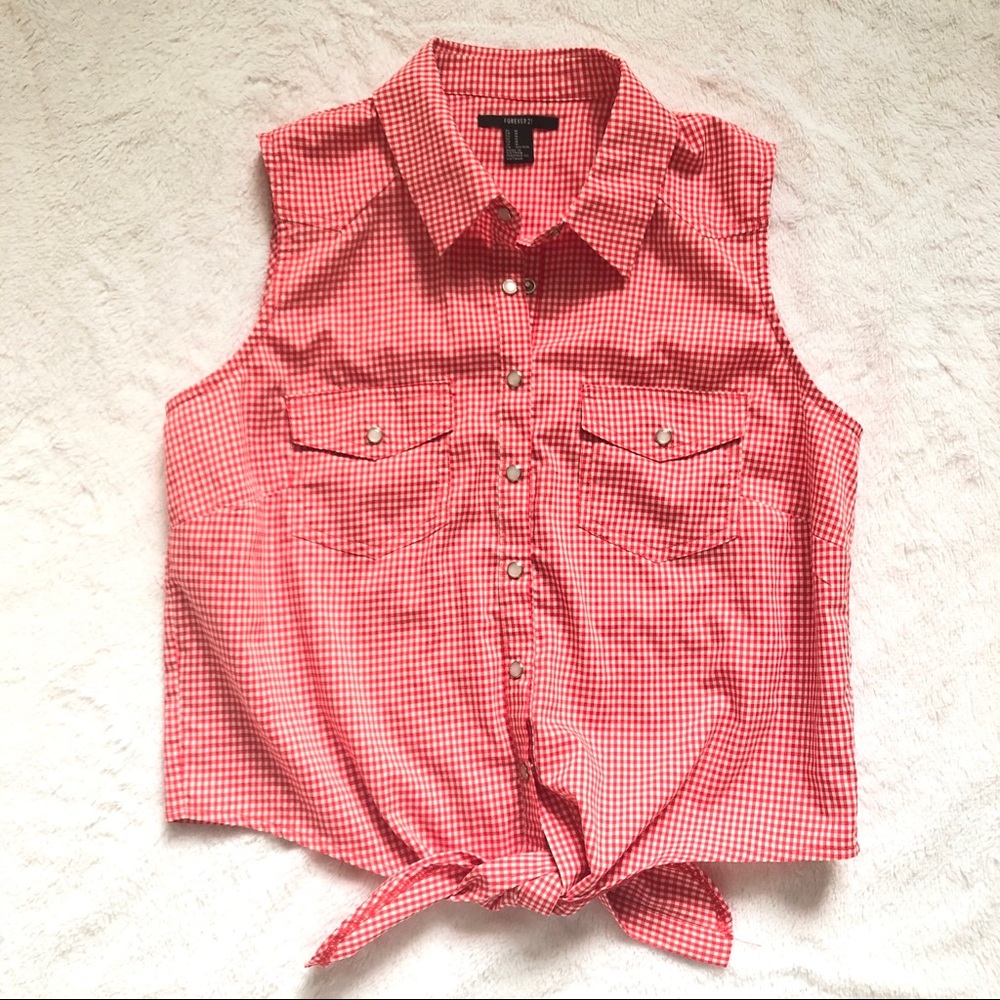 Red and White Gingham Western Tie Up Tank